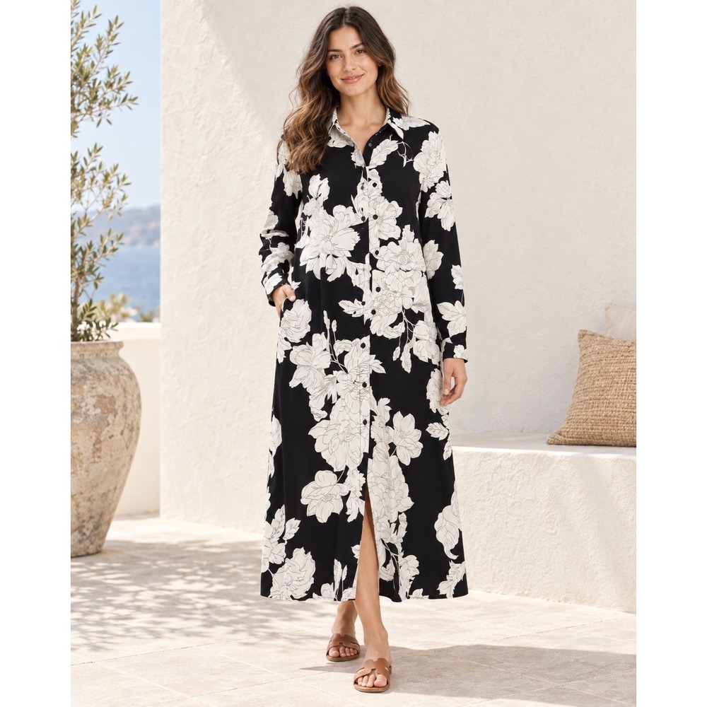 Harlow & Rose Black White Floral Maxi Shirt Dress Coastal Chic Button Front XL
